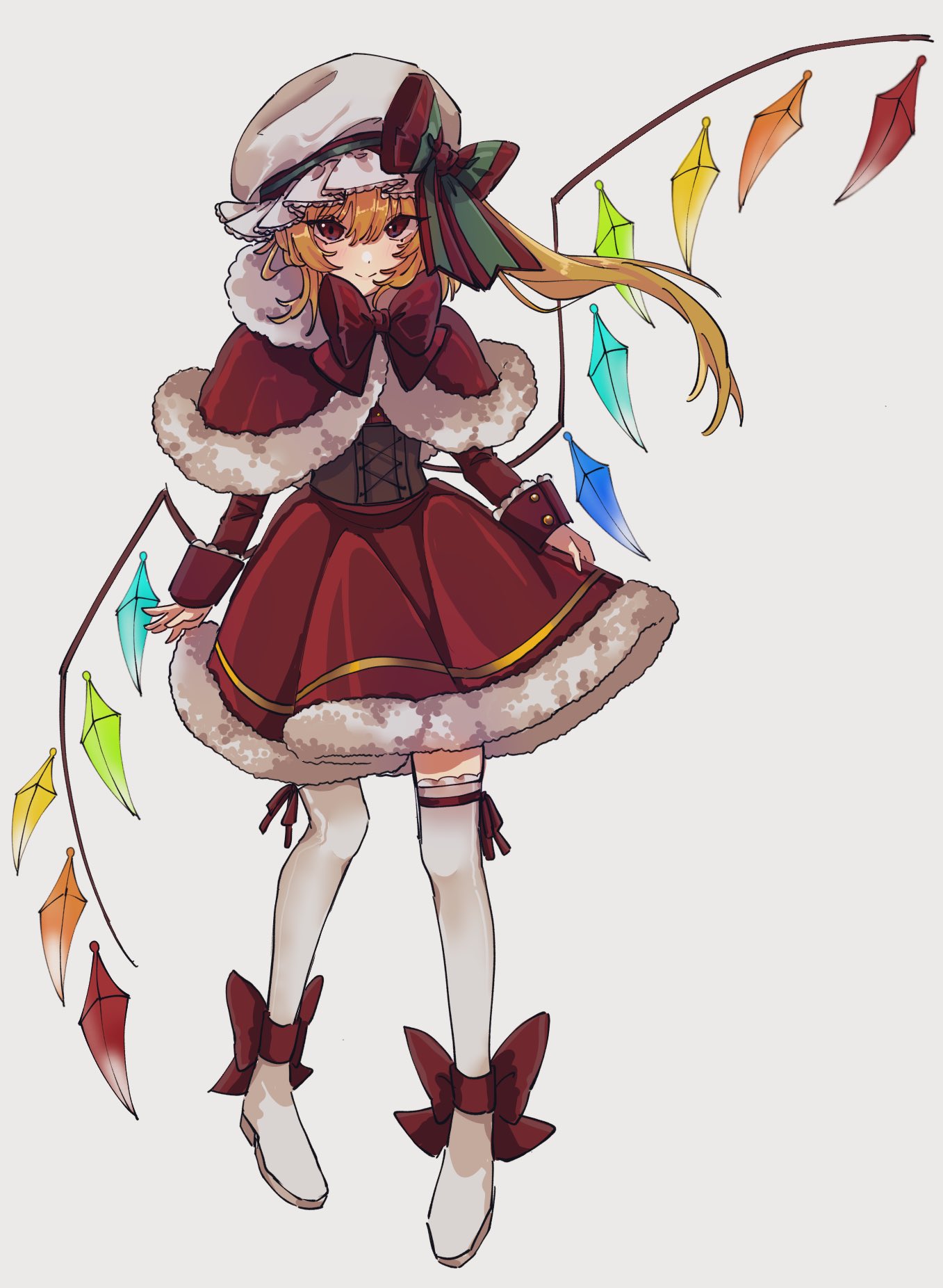 1girl adapted_costume ankle_bow blonde_hair bow brown_corset capelet closed_mouth corset crystal_wings dress flandre_scarlet full_body fur-trimmed_capelet fur-trimmed_dress fur_trim hair_between_eyes hat hat_bow highres hua88331 long_sleeves looking_at_viewer medium_hair mob_cap red_bow red_capelet red_dress red_eyes red_ribbon ribbon simple_background smile solo thigh-highs touhou white_background wings