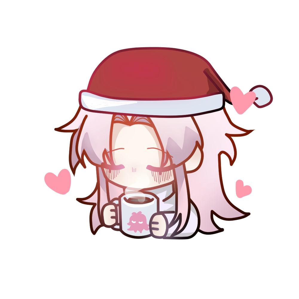 1boy chibi chinese_commentary closed_eyes commentary_request cup hat hatsutori_hajime heart holding holding_cup long_hair long_sleeves male_focus mug no_mouth no_nose pink_hair red_headwear saibou_shinkyoku sakuramuying santa_hat shirt simple_background solo white_background white_shirt
