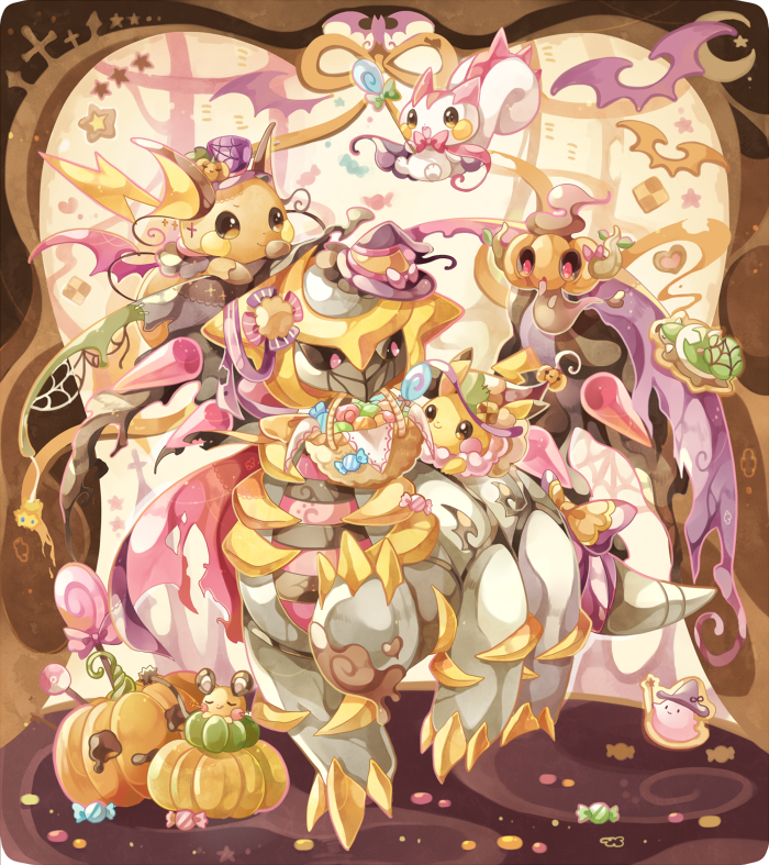 animal_ears animal_focus black_sclera blush_stickers bow brown_background brown_eyes candy character_request coco7 colored_sclera cookie crescent food ghost_tail halloween hat hat_bow heart-shaped_cookie jack-o'-lantern lightning_bolt_symbol looking_at_another mini_hat mini_witch_hat mouse_ears no_humans orange_ribbon pikachu pink_bow pokemon pokemon_(creature) pokemon_mystery_dungeon pumpkin purple_headwear red_eyes ribbon squirrel_tail star_(symbol) swimsuit tail tombstone witch_hat