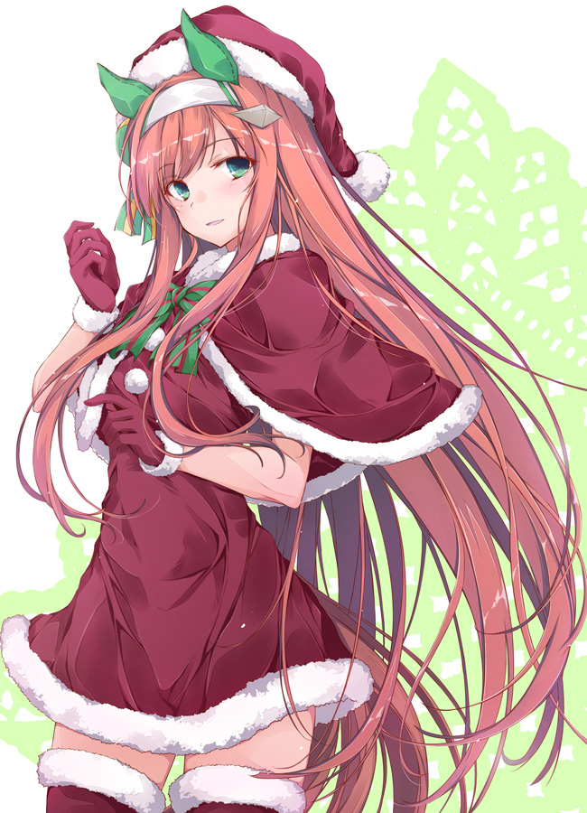 1girl animal_ears blunt_bangs bow bowtie capelet christmas commentary cowboy_shot doily dress ear_covers fur-trimmed_capelet fur-trimmed_dress fur-trimmed_gloves fur-trimmed_thighhighs fur_trim gloves green_bow green_bowtie grey_hairband hairband hat horse_ears horse_girl horse_tail long_hair looking_at_viewer open_mouth orange_hair red_capelet red_dress red_gloves red_headwear red_thighhighs santa_gloves santa_hat short_dress silence_suzuka_(umamusume) smile solo standing tail thigh-highs umamusume very_long_hair yumesato_makura