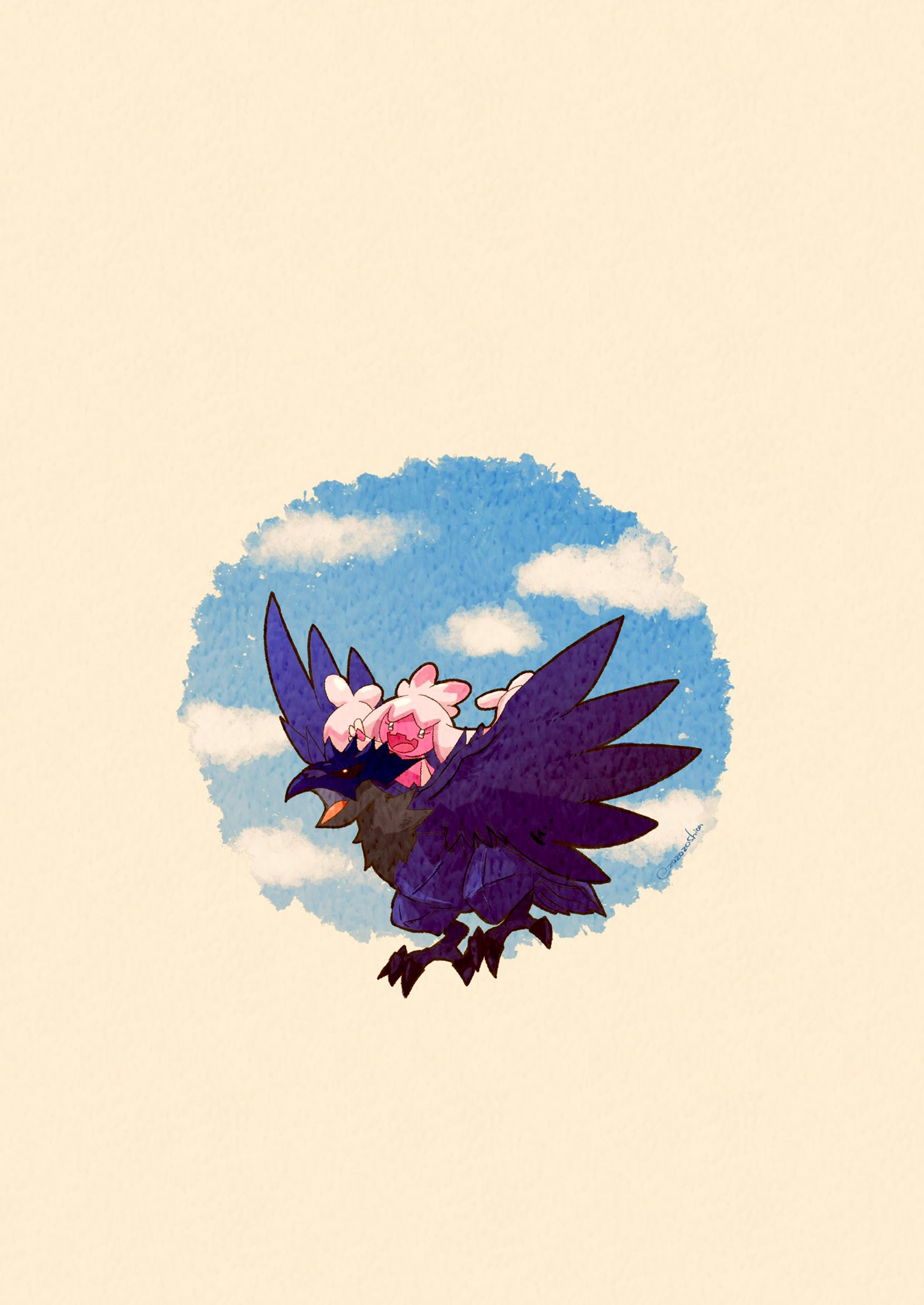 animal_focus artist_name beak bird blue_sky clouds colored_skin commentary_request corviknight flying highres no_humans open_mouth pink_skin pokemon pokemon_(creature) simple_background sky talons tinkaton twitter_username white_background wings zozozoshion