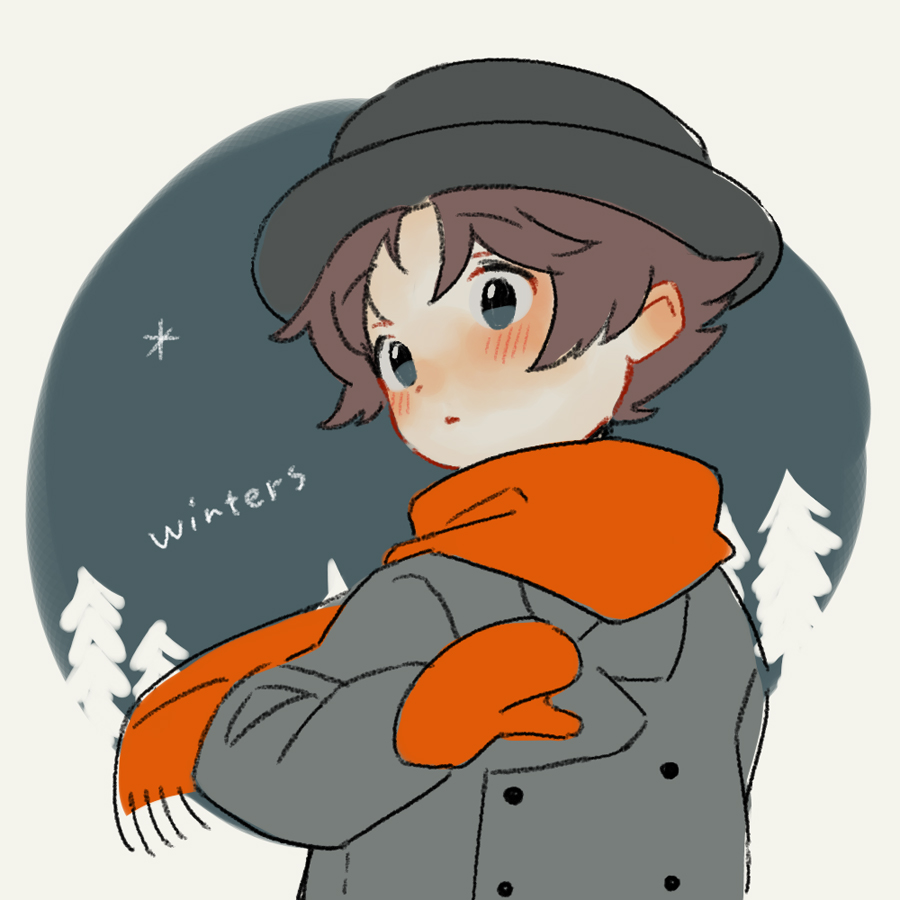 1boy black_eyes black_headwear blush brown_hair coat grey_coat location_name long_sleeves looking_to_the_side male_focus mittens mother_(game) mother_2 orange_mittens orange_scarf parted_lips scarf shifumame short_hair solo tony_(mother_2) upper_body winter