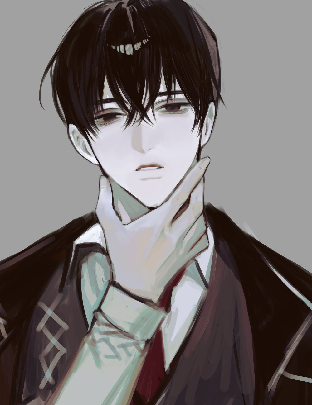1boy black_coat black_eyes black_hair coat coat_on_shoulders collared_shirt highres limbus_company long_sleeves male_focus necktie parted_lips project_moon red_necktie shirt solo uyu_1028 white_shirt yi_sang_(project_moon)
