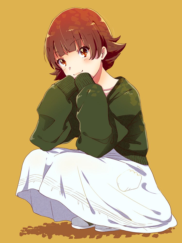 1girl :3 brown_hair closed_mouth collarbone commentary_request eyelashes full_body green_sleeves green_sweater grey_footwear hands_on_own_chin idolmaster idolmaster_million_live! light_blush long_skirt long_sleeves looking_at_viewer nonohara_akane pocket red_eyes shadow shoes short_hair simple_background skirt sleeves_past_fingers sleeves_past_wrists smile solo squatting sweater white_skirt witoi_(roa) yellow_background