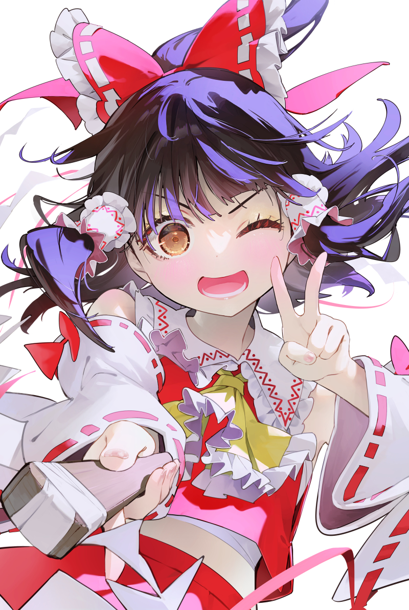 1girl bow brown_hair detached_sleeves hair_bow hakurei_reimu jacket looking_at_viewer nontraditional_miko one_eye_closed red_bow red_jacket red_skirt skirt smile solo syuri22 touhou v white_background white_sleeves