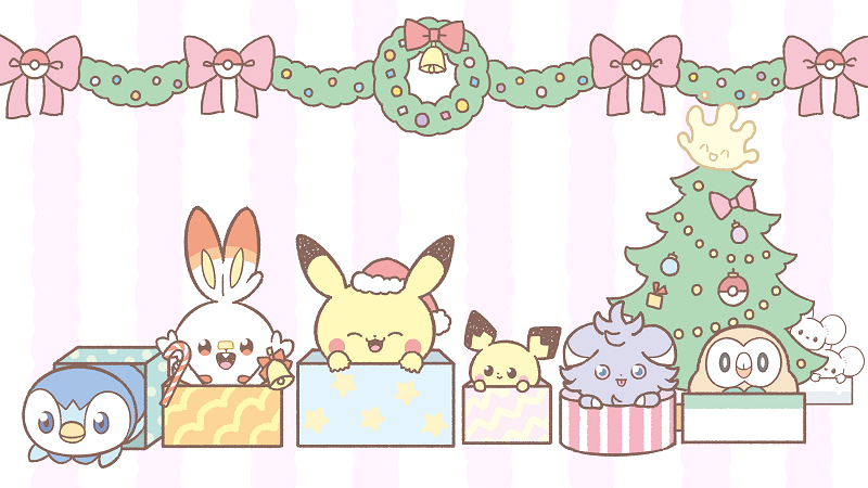:d bell blue_eyes bow box candy candy_cane christmas christmas_tree closed_eyes closed_mouth commentary_request espurr food hat holding milcery no_humans official_art open_mouth pichu pikachu pink_bow piplup poke_ball_print pokemon pokemon_(creature) rowlet santa_hat scorbunny smile striped tandemaus tongue wreath