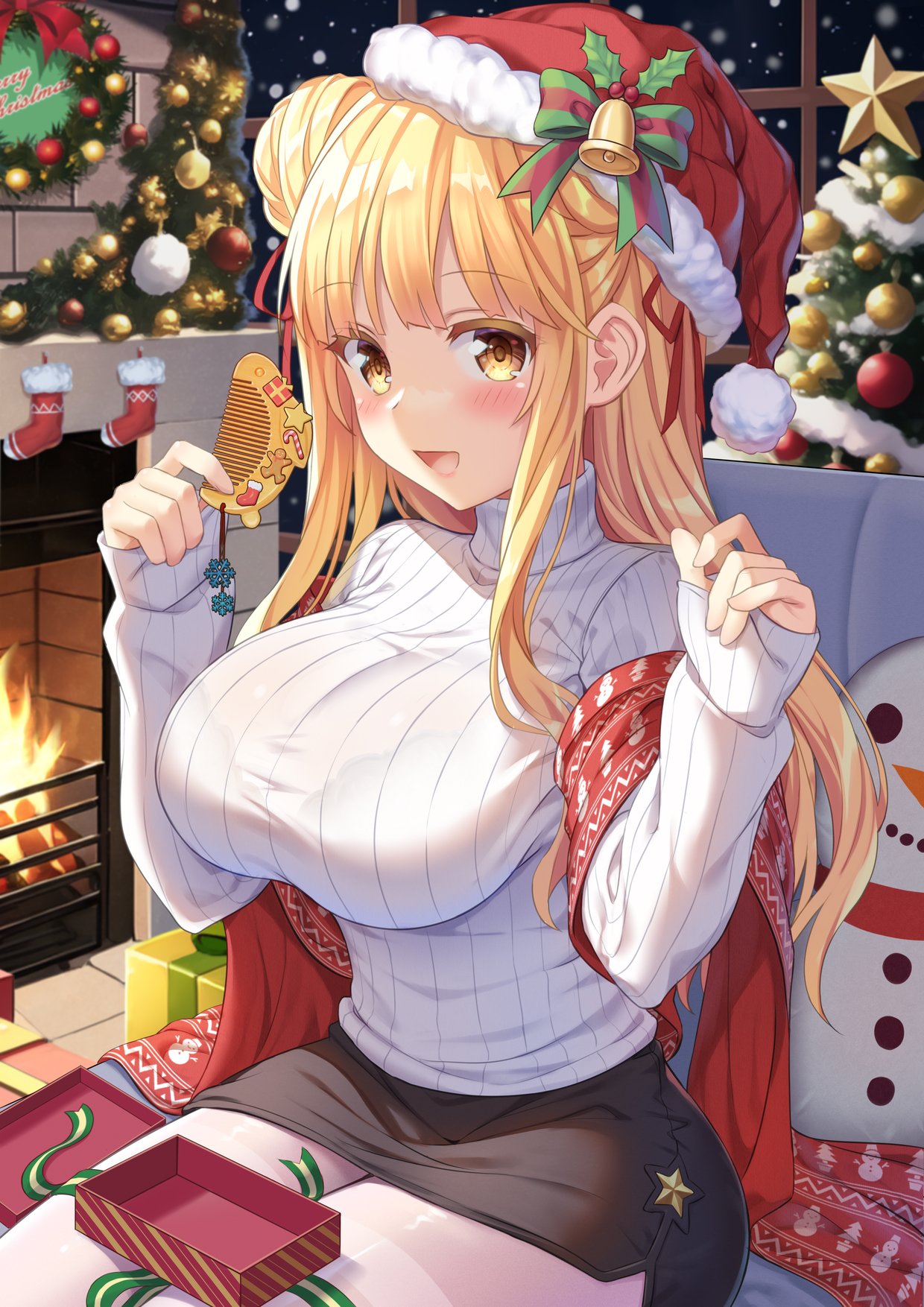 1girl alternate_breast_size bell black_skirt blonde_hair blush box breasts christmas christmas_ornaments christmas_star christmas_tree comb date_a_live fireplace gift gift_box hair_bun hat highres hoshimiya_mukuro huge_breasts indoors large_breasts long_hair long_sleeves looking_at_viewer merry_christmas open_mouth red_headwear red_scarf ribbed_sweater santa_hat scarf sitting skirt smile snowman socks solo star_(symbol) sweater thigh-highs tsubasaki turtleneck turtleneck_sweater white_sweater white_thighhighs yellow_eyes