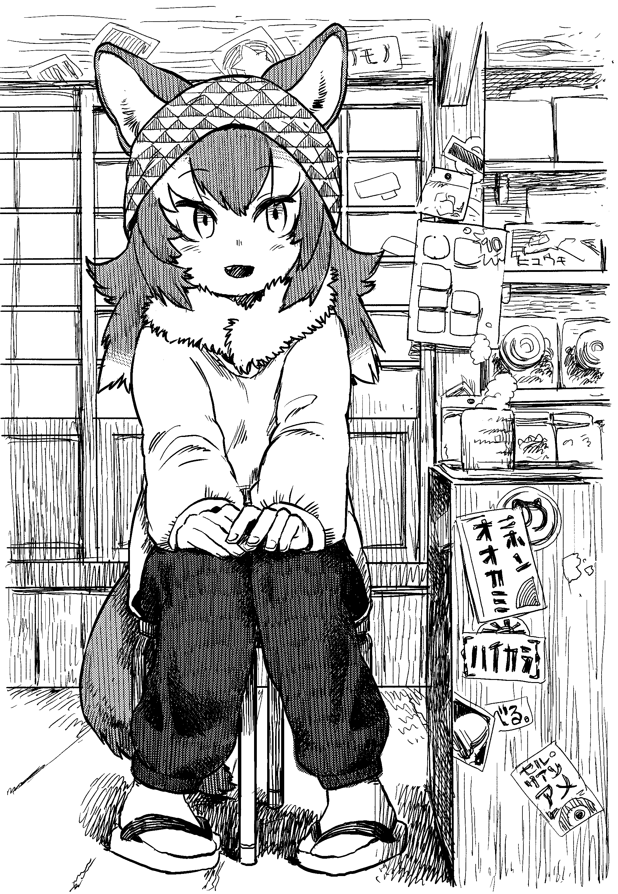 1girl absurdres alternate_costume animal_ears bell_(hellchan3) empty_eyes fingernails full_body fur_collar greyscale hand_rest highres japanese_wolf_(kemono_friends) kemono_friends long_hair long_sleeves looking_to_the_side monochrome multicolored_hair on_stool open_mouth own_hands_together pants sitting smile solo stool sweater tail wolf_ears wolf_girl wolf_tail
