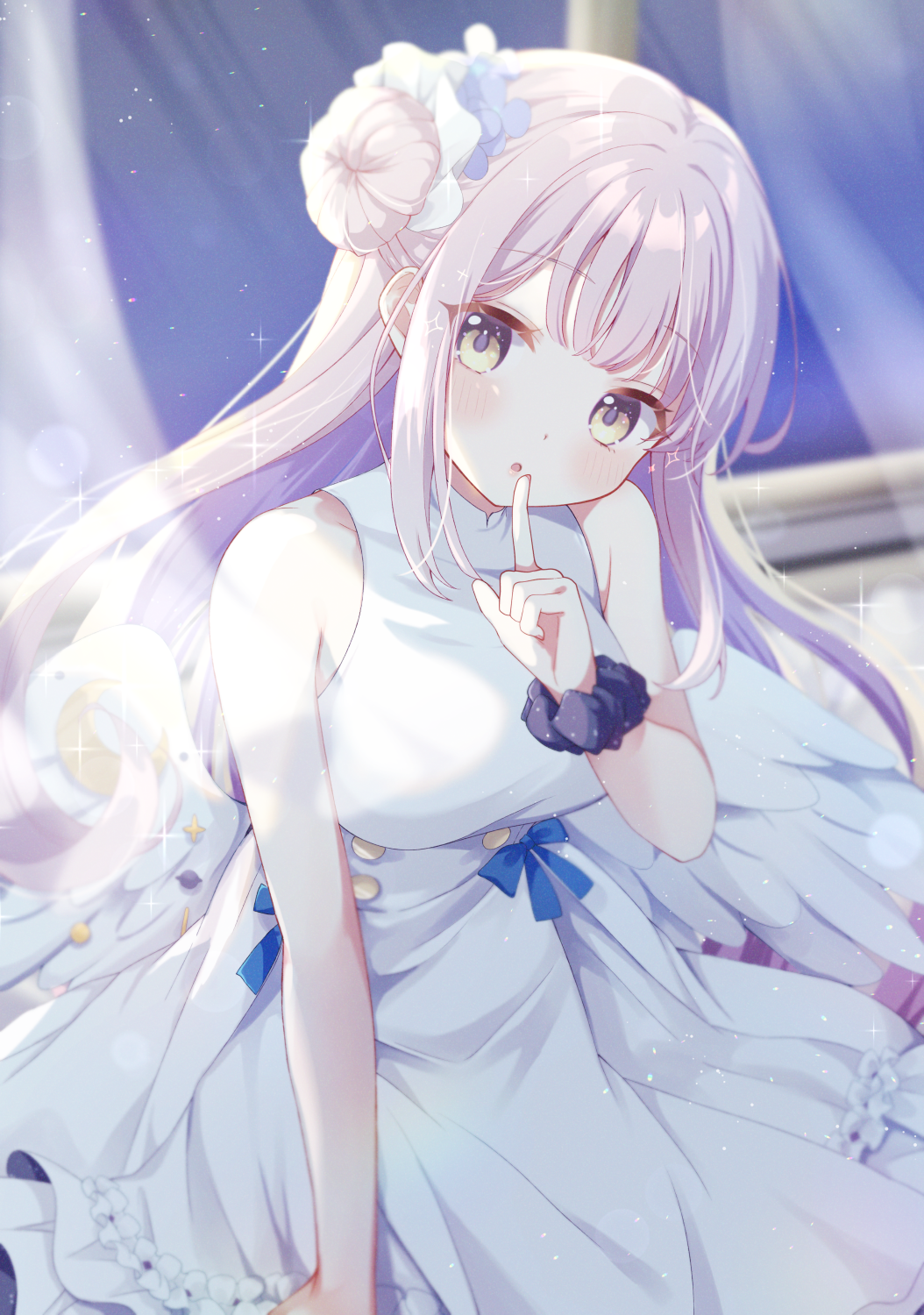1girl angel_wings black_scrunchie blue_archive blush dress feathered_wings flower gomano_rio hair_bun hair_flower hair_ornament highres long_hair looking_at_viewer mika_(blue_archive) parted_lips pink_hair purple_flower scrunchie single_side_bun sleeveless sleeveless_dress solo white_dress white_wings wings wrist_scrunchie yellow_eyes