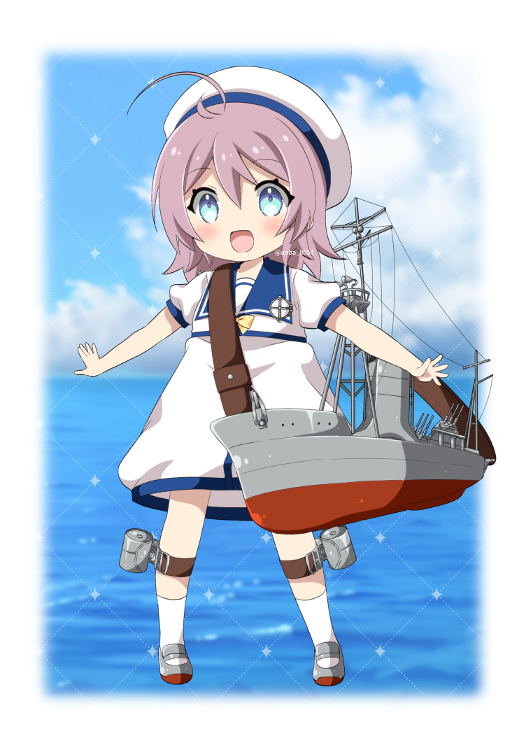 aged_down aoba_(kancolle) blue_eyes blue_sailor_collar blue_sky bow clouds cosplay day dress full_body hat horizon kaiboukan_no._4_(kancolle) kaiboukan_no._4_(kancolle)_(cosplay) kantai_collection machinery ocean outdoors outstretched_arms oyu_(aoba_0054) purple_hair sailor_collar sailor_dress sailor_hat searchlight ship short_hair sky smile watercraft white_dress white_headwear yellow_bow