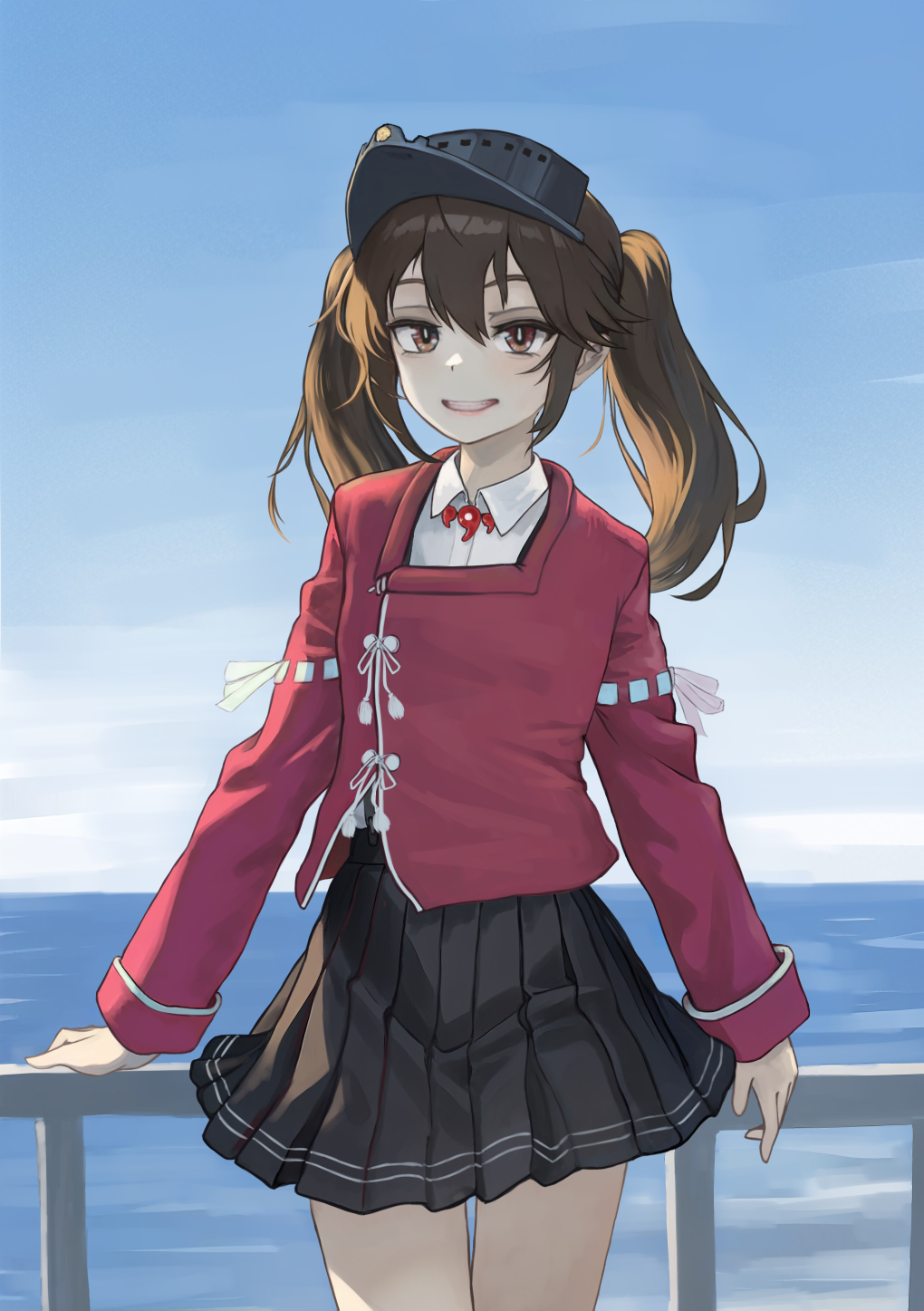1girl black_skirt blue_sky brown_eyes brown_hair clouds collared_shirt commentary_request day dress_shirt highres horizon japanese_clothes kantai_collection kariginu long_hair magatama nito_(nshtntr) ocean open_mouth outdoors pleated_skirt railing red_shirt ryuujou_(kancolle) shirt skirt sky smile solo standing twintails visor_cap white_shirt