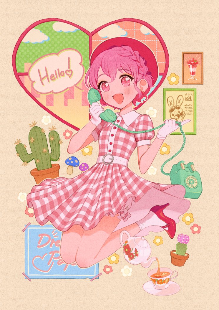 1boy :d belt bloomers blush braid cactus commentary_request cup dress english_text flower full_body gloves hat heart high_heels holding holding_phone looking_at_viewer male_focus midair mushroom open_mouth oshiri_(o4ritarou) otoko_no_ko phone picture_frame pink_eyes pink_hair pretty_series pripara rabbit red_footwear reona_west short_hair smile socks solo speech_bubble tea teacup teapot underwear usagi_(pripara) white_gloves white_socks