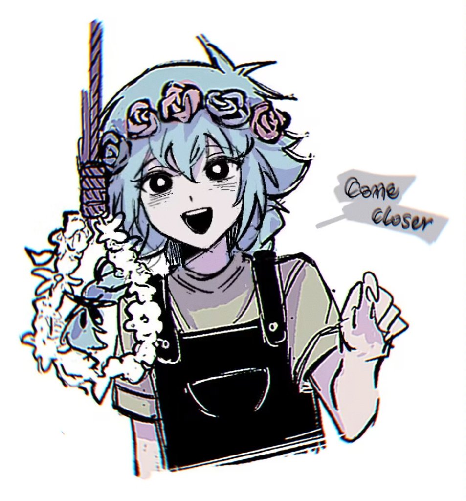 1boy alternate_eye_color basil_(headspace)_(omori) basil_(omori) black_eyes black_overalls english_text flower green_hair head_wreath looking_at_viewer niu_tata noose omori open_mouth overalls shirt short_hair short_sleeves simple_background smile solo speech_bubble teeth upper_body upper_teeth_only white_background yellow_shirt