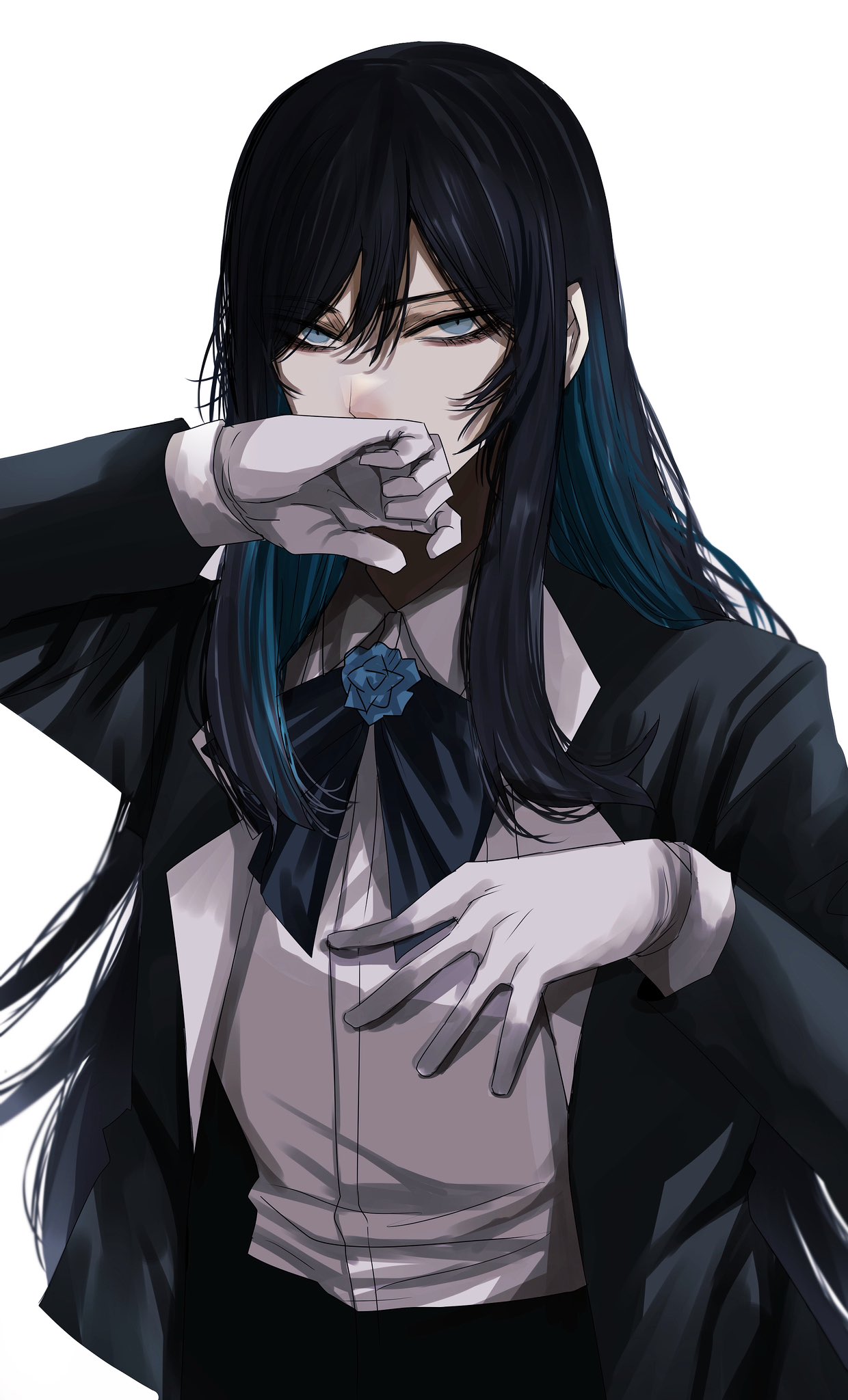 ado_(utaite) black_bow black_bowtie black_coat black_hair blue_eyes blue_flower blue_hair blue_rose bow bowtie chando_(ado) closed_mouth cloud_nine_inc coat collared_shirt colored_inner_hair commentary cow dress_shirt flower flower_brooch gloves hair_between_eyes highres hoshi_san_3 long_hair long_sleeves looking_at_viewer multicolored_hair open_clothes open_coat rose shadow shirt sidelocks simple_background two-tone_hair utaite white_background white_gloves white_shirt wiping_mouth