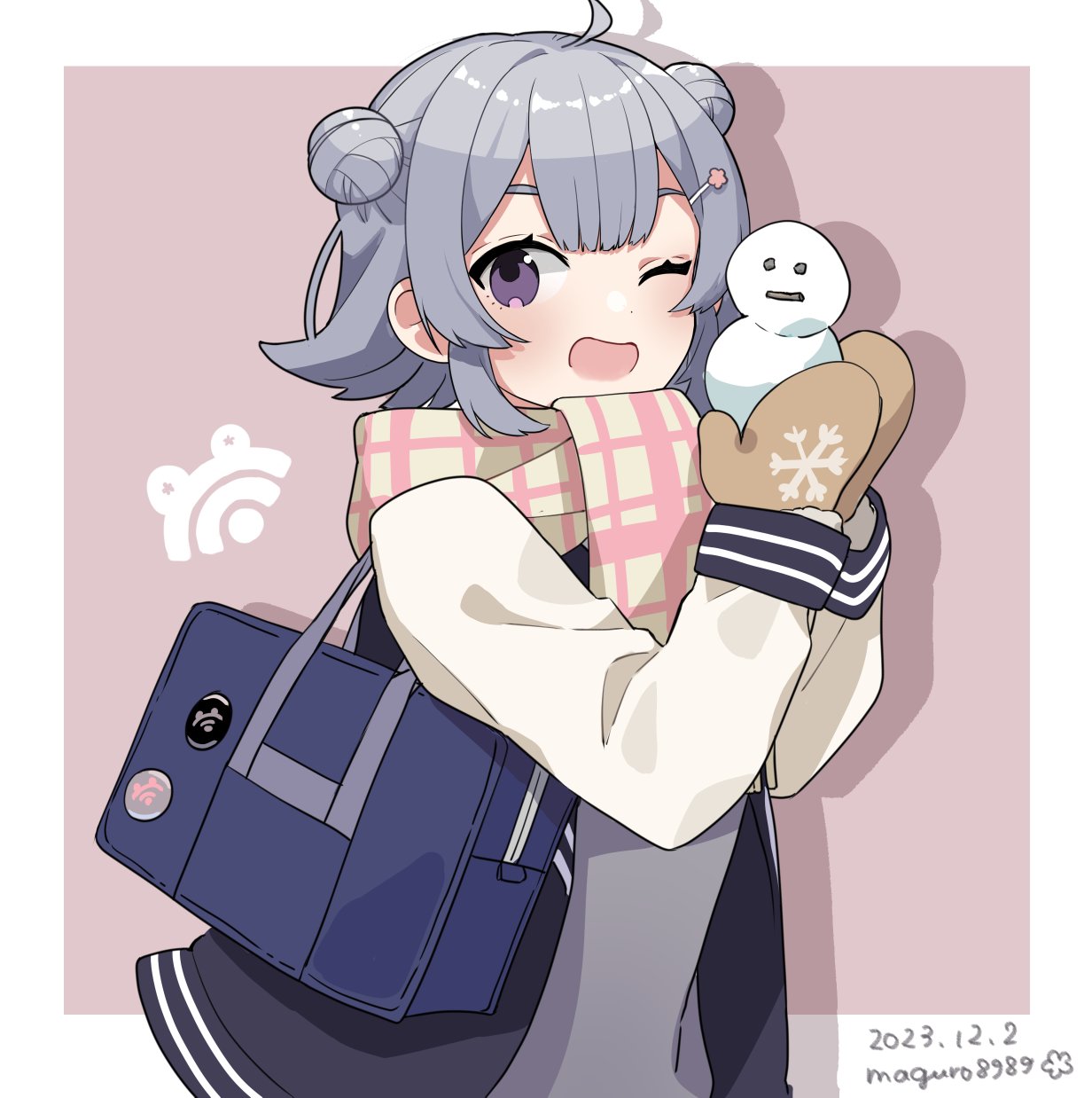 1girl ahoge bag binchou_maguro black_jacket blazer border brown_mittens cevio commentary dated double_bun drop_shadow flipped_hair grey_hair grey_sweater hair_bun hair_ornament hairclip hands_up highres holding_snowman jacket koharu_rikka long_sleeves looking_at_viewer mini_snowman mittens multicolored_clothes multicolored_jacket one_eye_closed open_clothes open_jacket outside_border pink_background pink_scarf plaid plaid_scarf scarf school_bag school_uniform short_hair shoulder_bag sidelocks simple_background solo sweater symbol-only_commentary synthesizer_v twitter_username two-tone_jacket two-tone_scarf upper_body violet_eyes white_border white_sleeves yellow_scarf