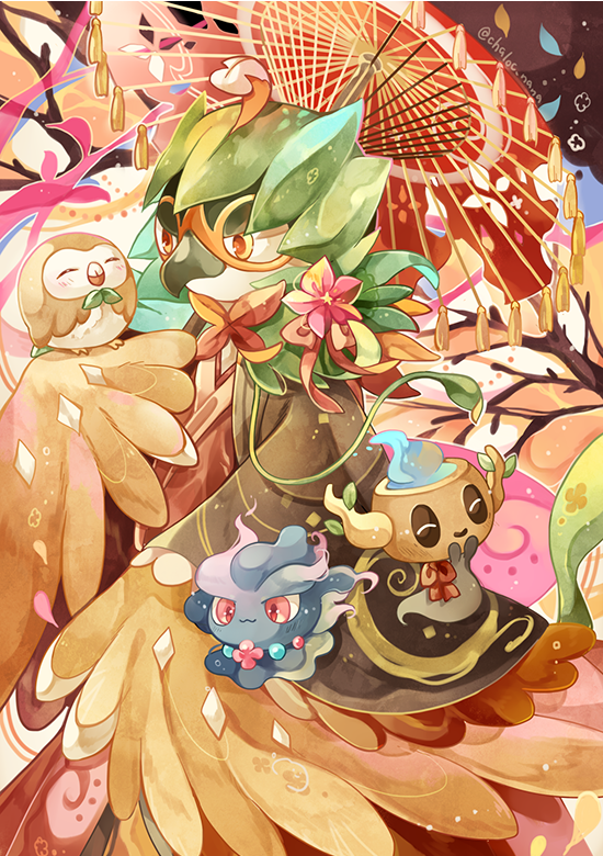 ^_^ abstract_background animal_hands bead_necklace beads beak bird bird_on_hand black_jacket black_sleeves blush_stickers branch character_request closed_eyes coco7 commentary_request feathered_wings flower flower_necklace green_necktie half-closed_eyes haori holding holding_umbrella jacket japanese_clothes jewelry kimono long_sleeves looking_at_another necklace necktie no_humans oil-paper_umbrella open_clothes open_jacket orange_eyes petals pokemon pokemon_(creature) pokemon_sm red_kimono red_ribbon red_umbrella ribbon tassel twitter_username umbrella v-shaped_eyebrows wings
