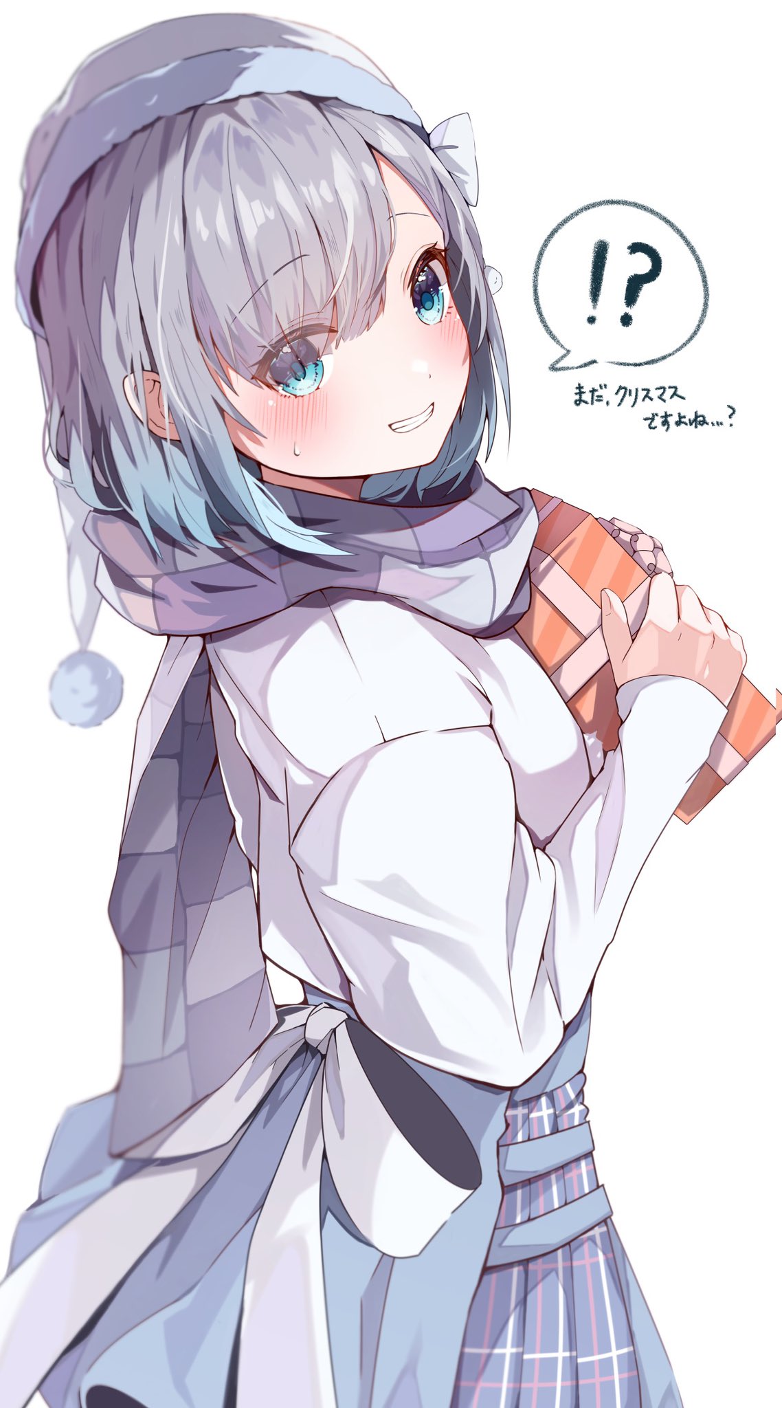 Safebooru - !? 1girl blue eyes blush from side gift grey hair highres  holding holding gift hugging object kaga sumire long sleeves looking at  viewer plaid plaid scarf plaid skirt pleated skirt