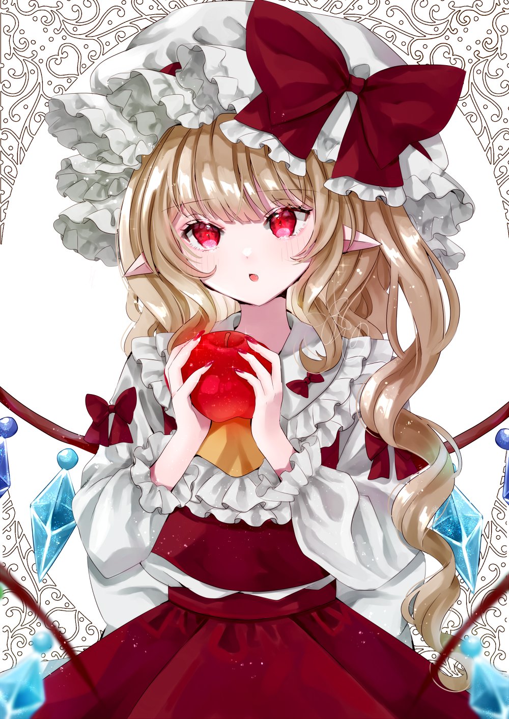 1girl apple blonde_hair collared_shirt crystal flandre_scarlet food frilled_sleeves frills fruit hat highres holding holding_food holding_fruit jaku_sono long_hair long_sleeves looking_at_viewer mob_cap open_mouth pointy_ears red_eyes red_skirt red_vest shirt skirt solo touhou vest white_headwear white_shirt wings