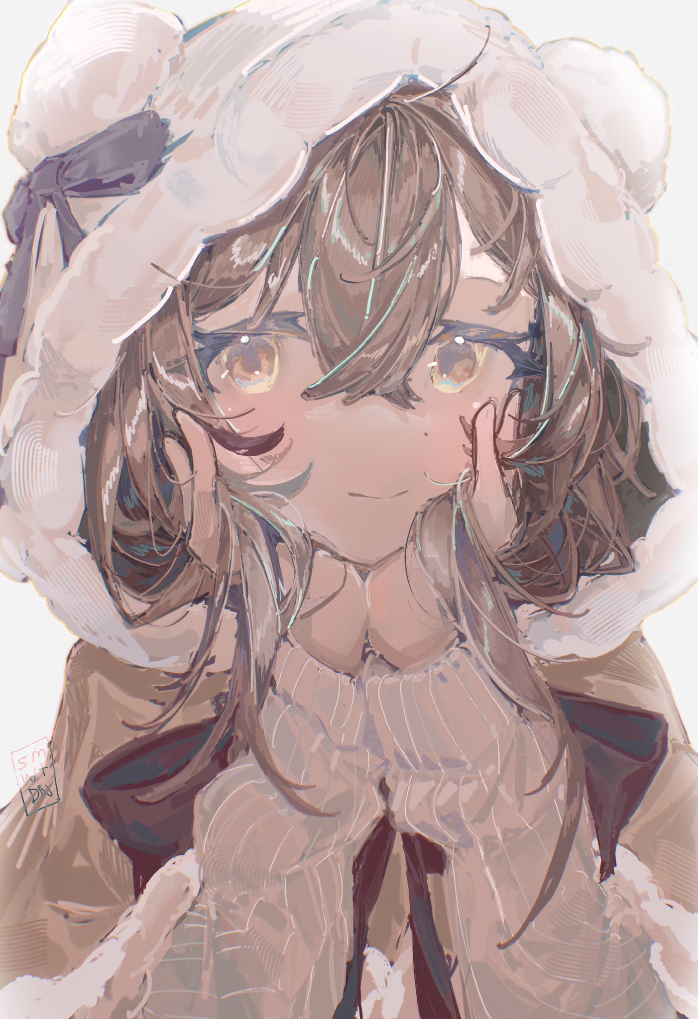 1girl bow brown_eyes brown_hair eyelashes head_rest highres hololive hololive_english hood hoodie long_hair long_sleeves looking_at_viewer messy_hair multicolored_hair nanashi_mumei resting ribbon shirt simple_background smile solo somewhatdino streaked_hair sweater virtual_youtuber white_background white_hoodie