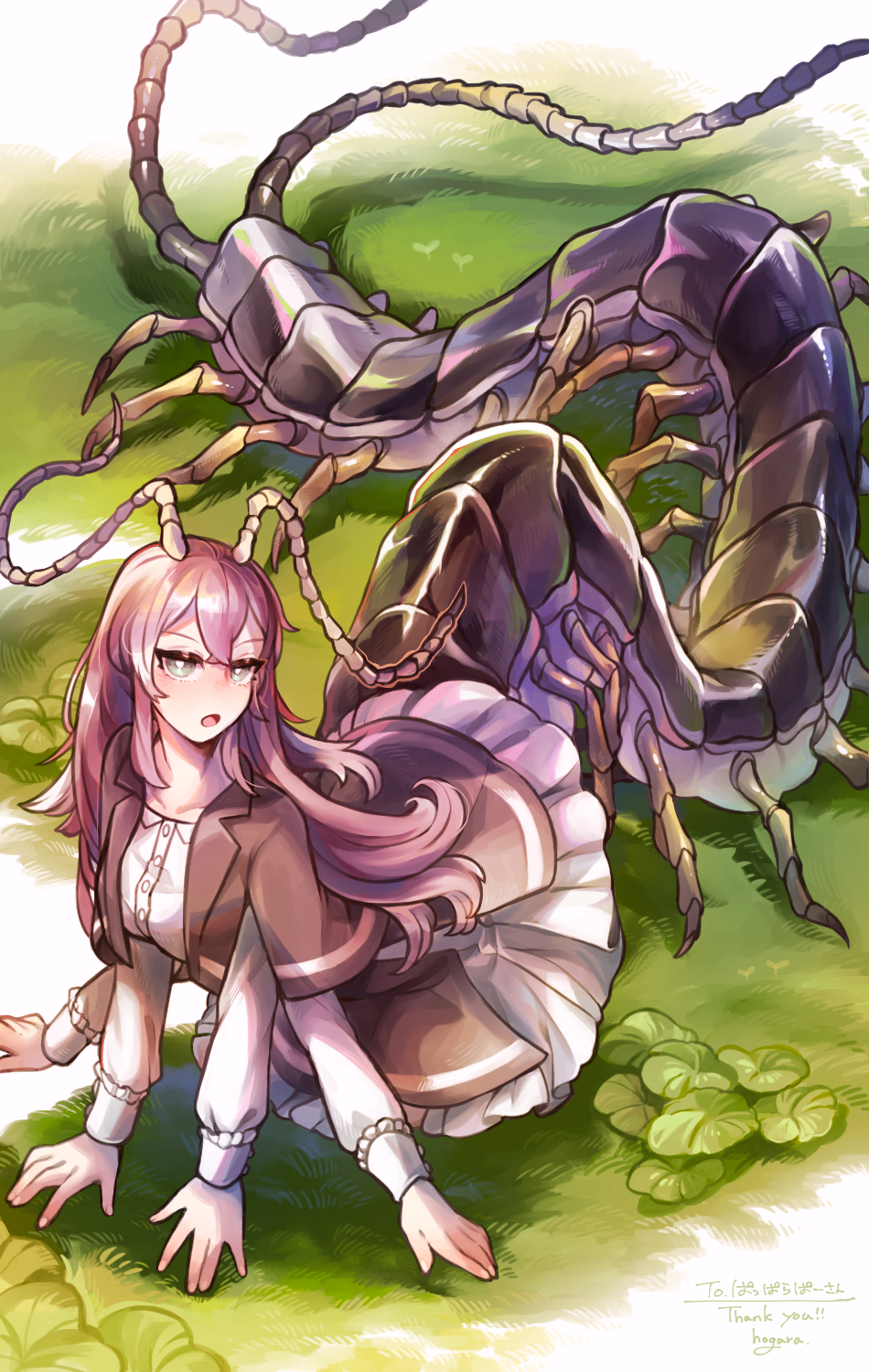 1girl antennae arthropod_girl bug carapace centauroid centipede centipede_girl collarbone commentary_request commission dress extra_arms extra_legs frilled_dress frills grass green_eyes highres hogara long_hair looking_at_viewer monster_girl original pink_hair signature skeb_commission solo taur