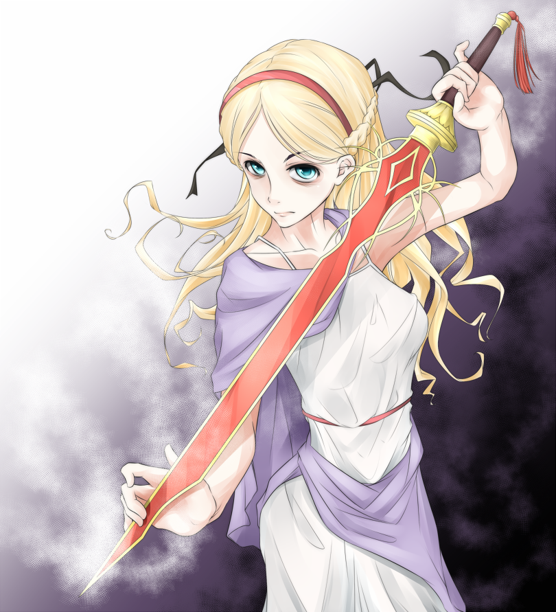 1girl alternate_eyebrows arm_up bags_under_eyes blonde_hair blue_eyes braid breasts closed_mouth commentary_request dress feet_out_of_frame grey_background hairband holding holding_sword holding_weapon lips long_hair looking_at_viewer maiden_of_versailles medium_breasts mismatched_eyebrows pale_skin partial_commentary red_hairband shin_(highest1192) skinny sleeveless sleeveless_dress solo standing sunken_eyes sword toaru_majutsu_no_index weapon white_dress