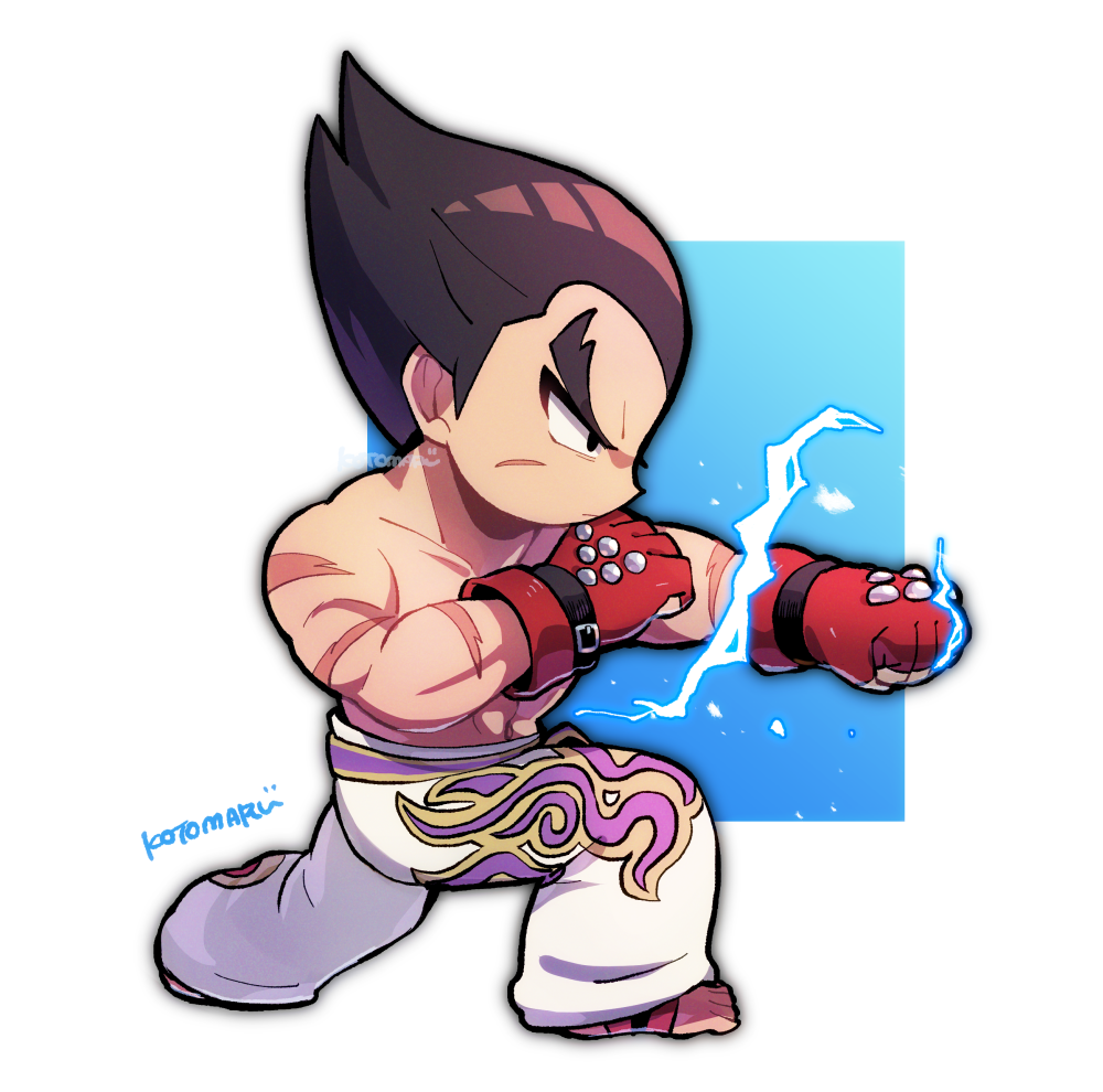 1boy black_eyes black_hair closed_mouth electricity fighting_stance from_side full_body gloves kotorai male_focus mishima_kazuya navel pants punching red_gloves scar scar_on_arm scar_on_face short_hair signature solo studded_gloves tekken toned toned_male topless_male v-shaped_eyebrows white_pants