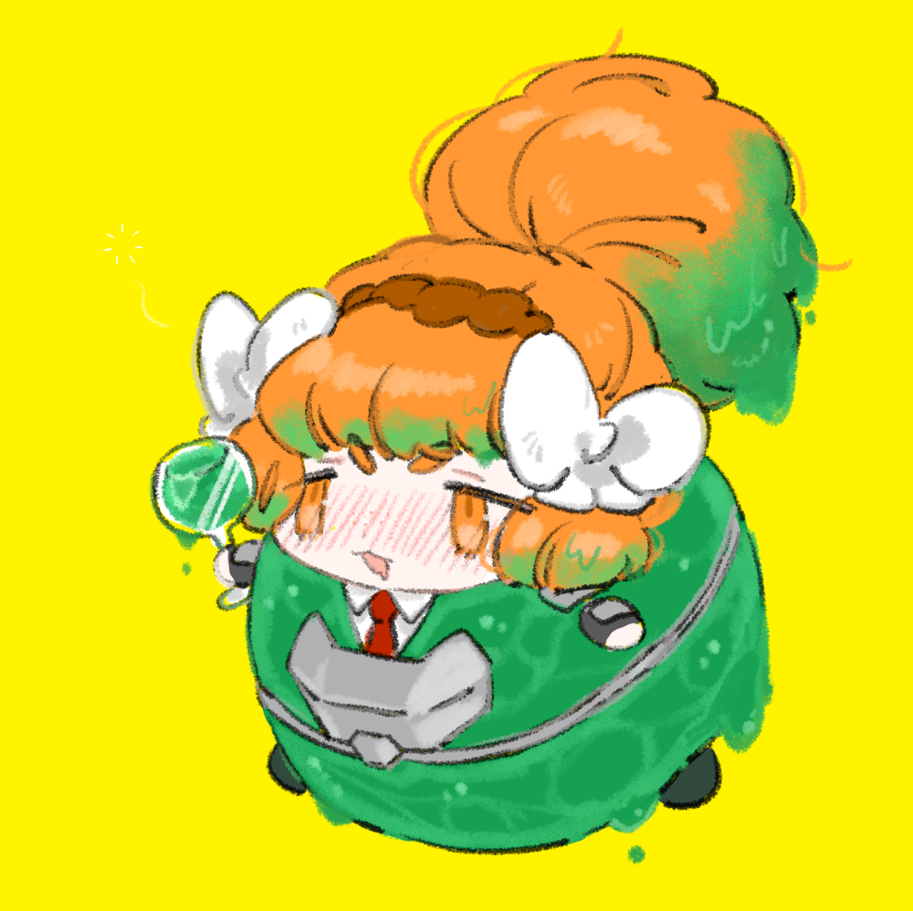 1girl absinthe armor bow brown_hairband chibi cup green_hair hair_bow hairband high_ponytail holding holding_cup ishmael_(project_moon) limbus_company long_hair necktie orange_eyes orange_hair plate_armor project_moon red_necktie rope sidelocks simple_background slime_(substance) solo uchimura_(rino0525) very_long_hair white_bow yellow_background