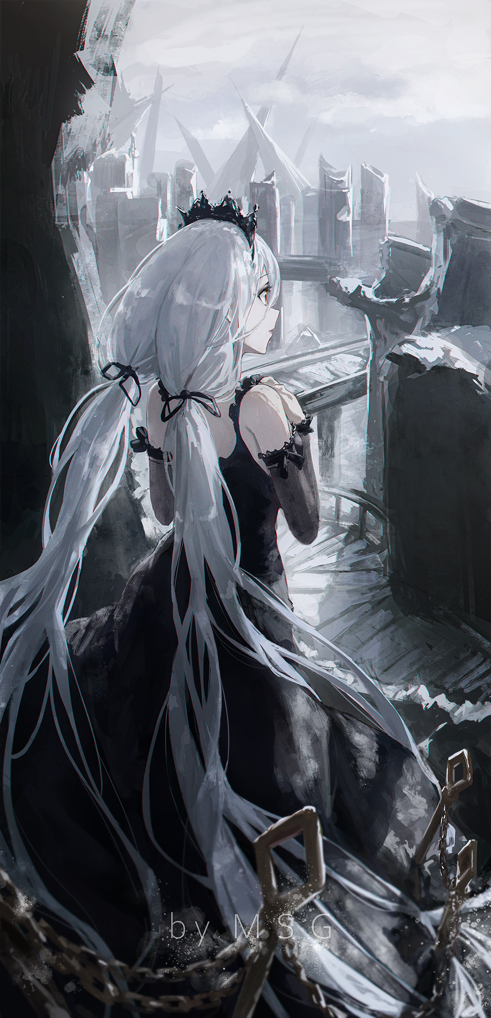 1girl artist_name black_dress black_sleeves black_tiara closed_mouth commentary detached_sleeves dress expressionless frills from_behind grey_hair grey_sky highres long_hair long_sleeves looking_afar low_twintails matsogum original red_eyes sky sleeveless sleeveless_dress solo tiara twintails very_long_hair