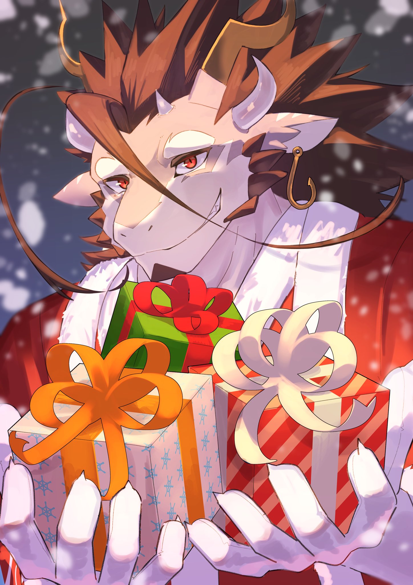 1boy box curled_horns dragon_boy dragon_horns fishing_hook_earrings furry fuxi_(housamo) gift gift_box grin hair_between_eyes highres holding holding_gift horns looking_at_viewer male_focus nasueru_(eggplant_nacl) red_eyes santa_costume slit_pupils smile snowing solo spiky_hair tokyo_afterschool_summoners upper_body