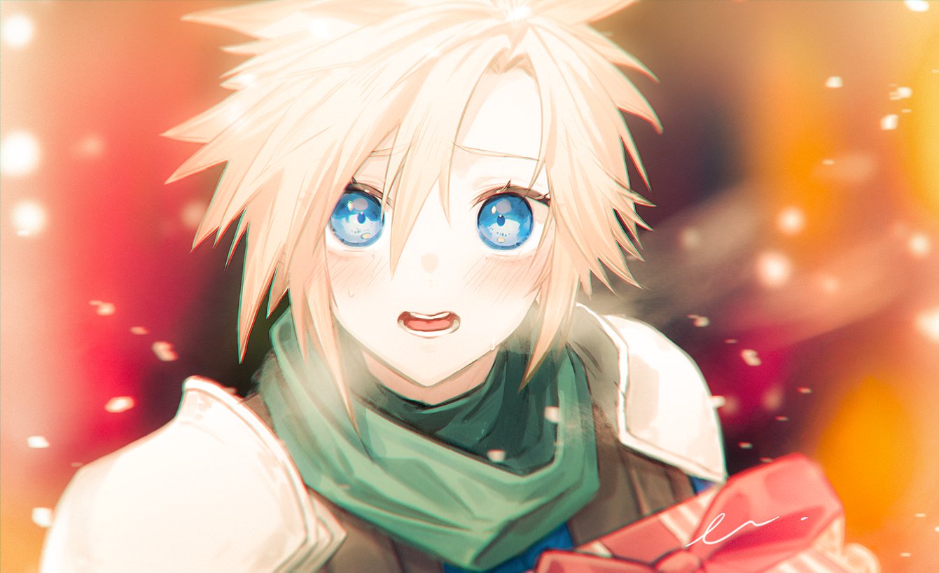 1boy armor blonde_hair blue_eyes blurry blurry_background blush box breath christmas christmas_present cloud_strife commentary_request crisis_core_final_fantasy_vii enshou_(namarien) final_fantasy final_fantasy_vii gift gift_box green_scarf hair_between_eyes looking_at_viewer male_focus open_mouth scarf shinra_infantry_uniform short_hair shoulder_armor snowing solo spiky_hair upper_body