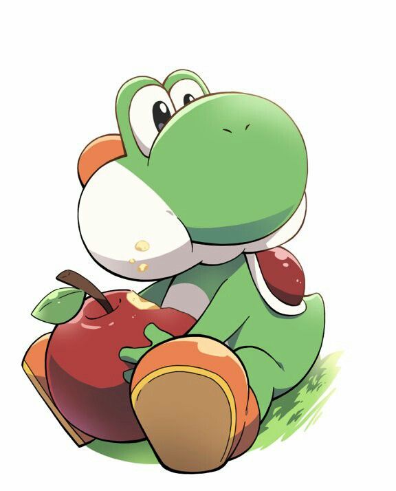 apple bad_id bad_pixiv_id black_eyes chewing crumbs eating food fruit full_body grass holding holding_food holding_fruit lao_wen no_humans nostrils orange_footwear shoes simple_background sitting solo super_mario_bros. white_background yoshi