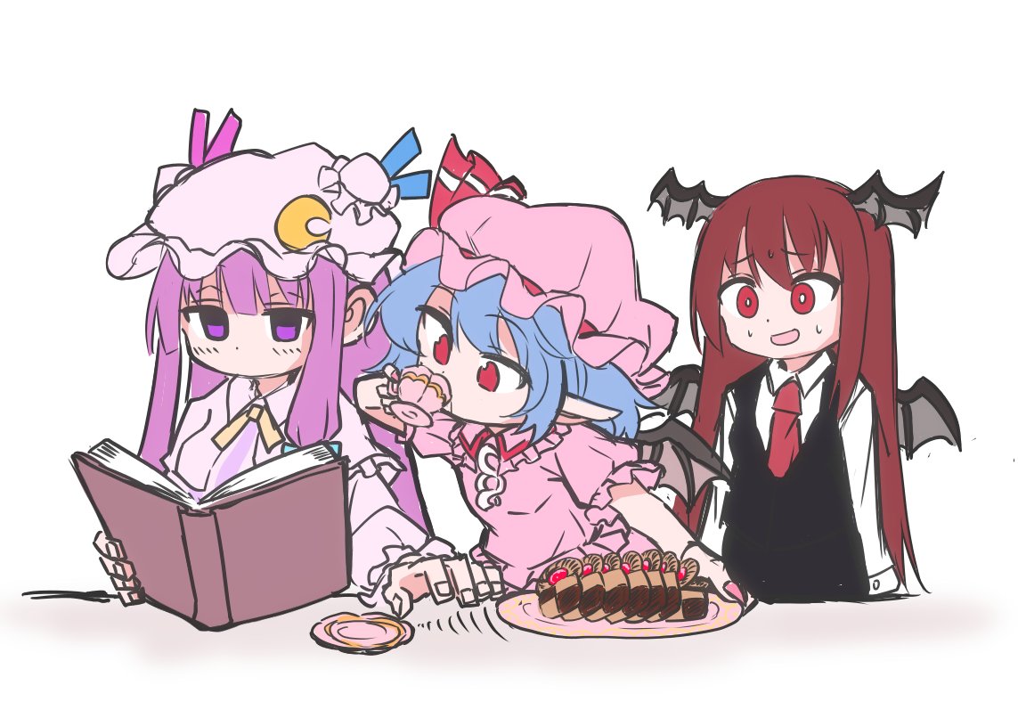 ascot bat_wings biscuit_(bread) blue_hair book crescent crescent_hat_ornament crescent_pin cup demon_wings embodiment_of_scarlet_devil hat hat_ornament hat_ribbon head_wings holding holding_cup koakuma mob_cap multiple_girls necktie patchouli_knowledge pink_headwear purple_hair red_ascot red_eyes red_necktie redhead remilia_scarlet ribbon shinmon_akika short_sleeves simple_background teacup touhou upper_body violet_eyes white_background wings