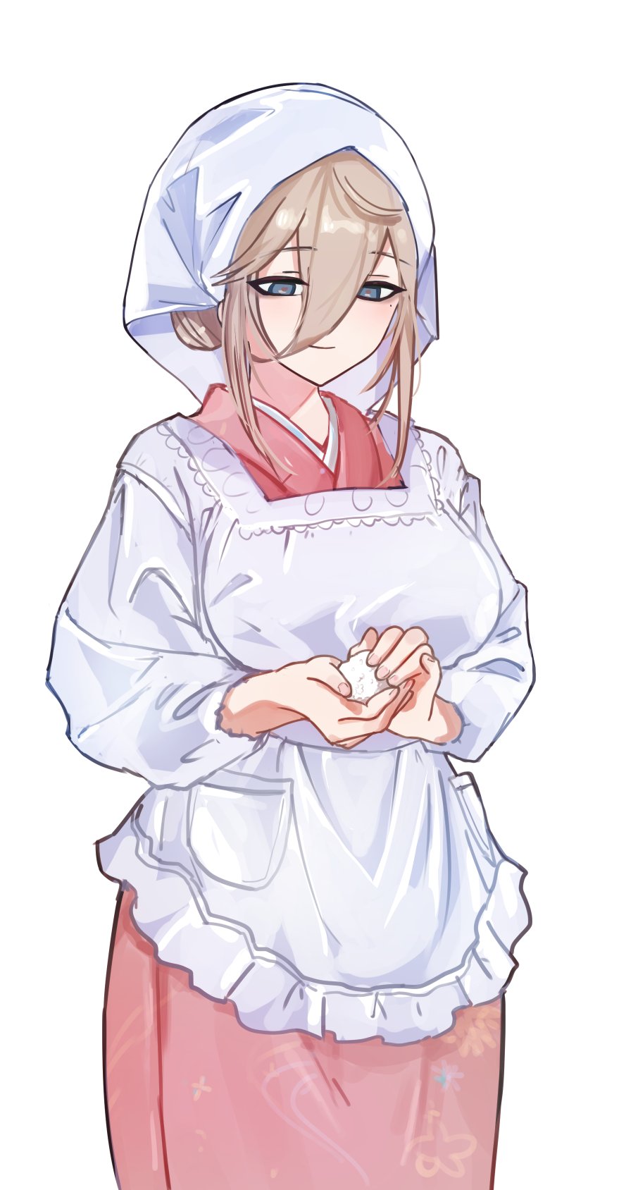 1girl aponia_(honkai_impact) apron arin_(1010_ssu) brown_hair closed_mouth commentary_request food frilled_apron frills grey_eyes hair_between_eyes hair_bun highres holding holding_food honkai_(series) honkai_impact_3rd japanese_clothes kappougi kimono long_sleeves pink_kimono puffy_long_sleeves puffy_sleeves rice simple_background smile solo white_apron white_background