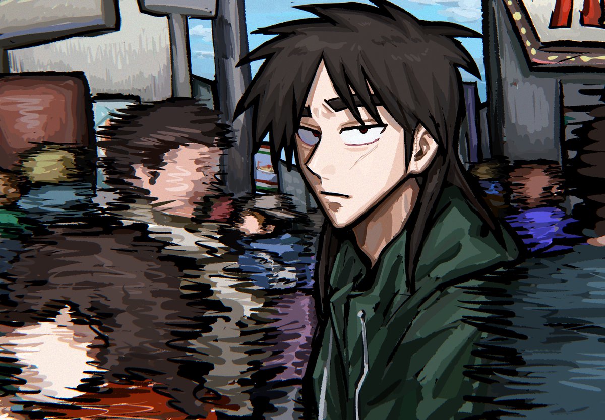 1boy 6+others black_hair blue_sky blurry brown_hair city closed_mouth clouds commentary expressionless green_jacket itou_kaiji jacket kaiji long_hair looking_at_viewer male_focus medium_bangs motion_blur multiple_others outdoors people pointy_nose sanpaku scar scar_on_cheek scar_on_face sign sky solo_focus upper_body wakigyoa