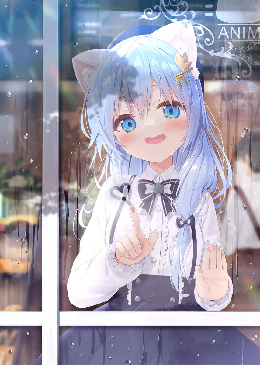 1girl against_glass animal_ear_fluff animal_ears black_bow black_bowtie black_skirt blue_eyes blue_hair blush bow bowtie cat_ears center_frills collared_shirt commentary condensation cowboy_shot fang frilled_shirt frills from_outside glass_writing hair_between_eyes hair_ornament hand_on_glass hand_on_window hands_up highres key_hair_ornament long_hair long_sleeves looking_at_viewer looking_outside maid mint_(uchi_no_pet_jijou) open_mouth shirt skirt smile solo standing star_(symbol) star_in_eye symbol-only_commentary symbol_in_eye uchi_no_pet_jijou white_shirt window window_fog yano_mitsuki_(nanairo)