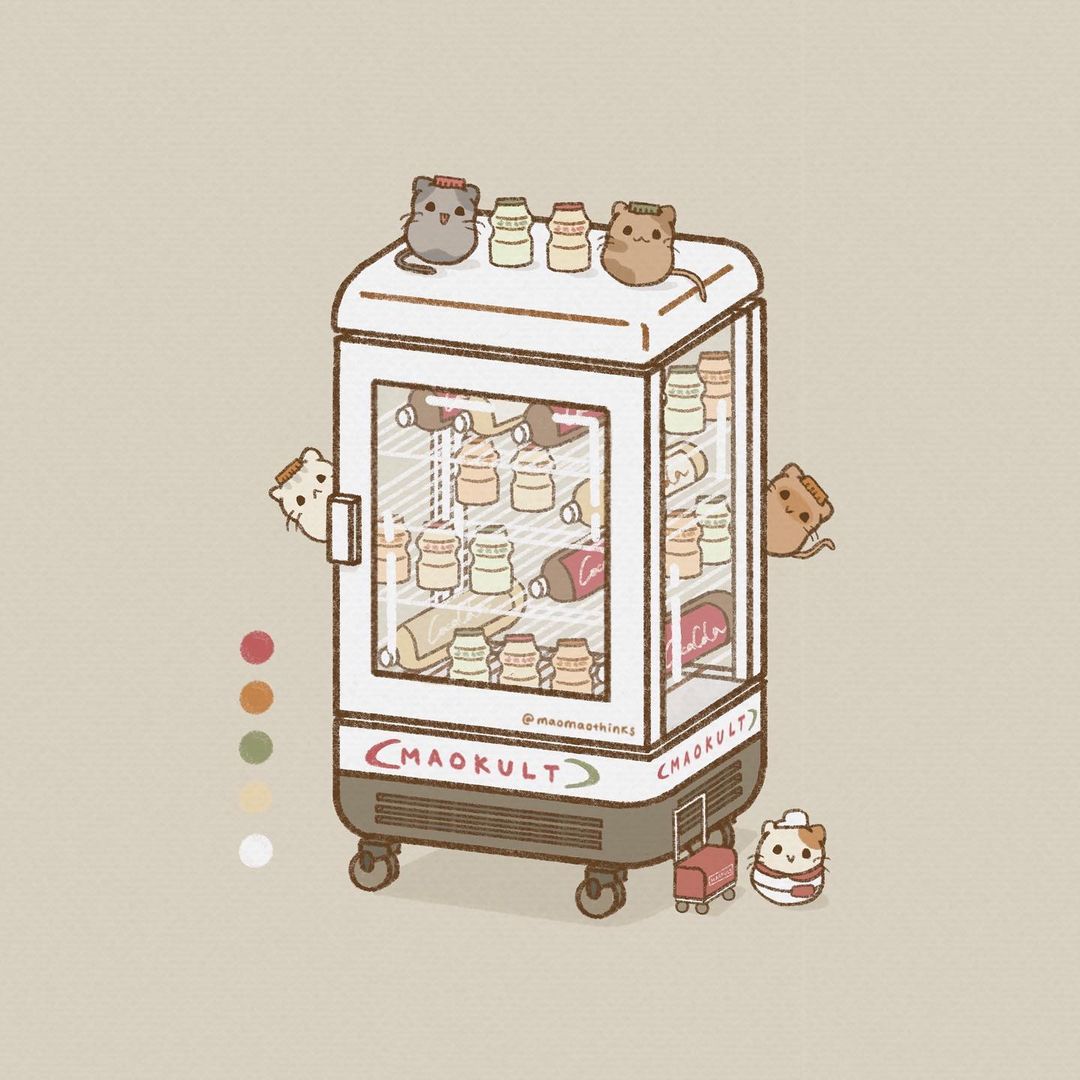 :3 black_eyes bottle calico cat closed_mouth color_guide commentary english_commentary green_background instagram_username maomaothinks milk_bottle no_humans object_focus open_mouth original shadow simple_background smile soda_bottle solid_circle_eyes suitcase vending_machine whiskers