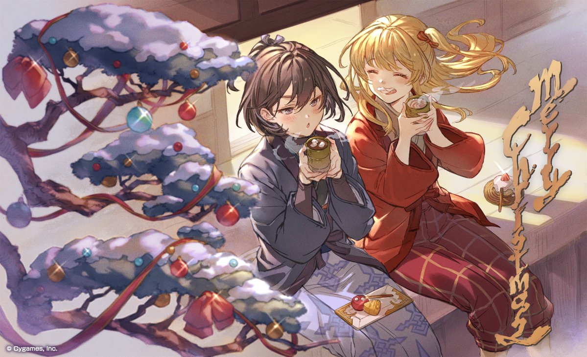 2girls ^_^ alternate_costume blowing blush bow brown_eyes brown_hair cake christmas_ornaments closed_eyes cup food granblue_fantasy hair_bow hot_chocolate jacket japanese_clothes kimono long_hair marshmallow medium_hair milk_mustache mirin_(granblue_fantasy) multiple_girls official_art open_mouth ponytail porch ribbon shion_(granblue_fantasy) side_ponytail sitting smile snow