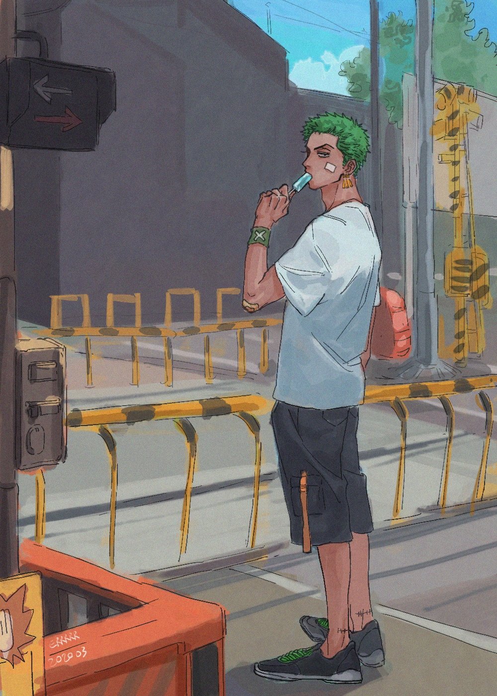 1boy bandage_on_face bandaged_ankle bandages black_footwear black_shorts colored_skin earrings eating errrrrliao_ge_ai food food_in_mouth green_wristband highres holding holding_food holding_popsicle jewelry looking_at_viewer male_focus one_piece outdoors popsicle popsicle_in_mouth railroad_crossing railroad_tracks roronoa_zoro shirt shoes short_sleeves shorts single_earring sneakers solo standing tan white_shirt wristband