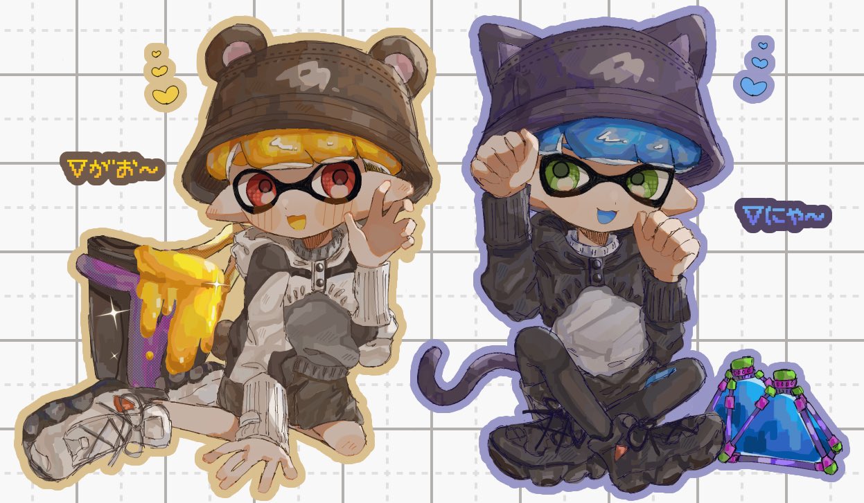 2boys black_headwear blonde_hair blue_hair claw_pose commentary_request crossed_legs full_body green_eyes grid_background hat heart hwtr_06 inkling inkling_boy multiple_boys open_mouth paw_pose pointy_ears red_eyes short_hair simple_background sitting slosher_(splatoon) splat_bomb_(splatoon) splatoon_(series) splatoon_3 tentacle_hair translation_request white_background