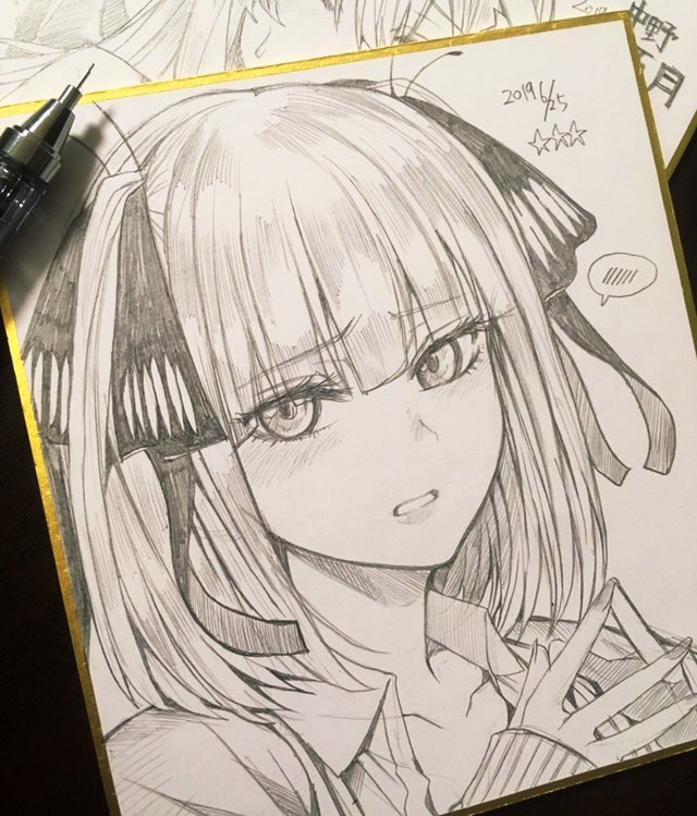 1girl art_tools_in_frame blush collarbone commentary_request dated go-toubun_no_hanayome graphite_(medium) hair_ribbon hoshi_san_3 long_sleeves looking_at_viewer mechanical_pencil monochrome nakano_nino parted_lips pencil portrait ribbon shikishi short_hair sleeves_past_wrists solo spoken_blush steepled_fingers traditional_media two_side_up