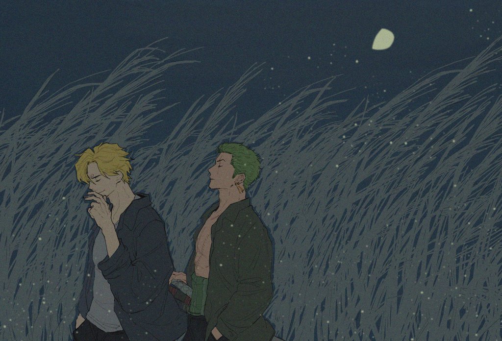 2boys black_pants blonde_hair blue_jacket center_opening cigarette closed_eyes colored_skin crescent_moon curly_eyebrows errrrrliao_ge_ai from_side green_hair green_jacket grey_shirt hand_in_pocket haramaki holding holding_cigarette jacket jewelry male_focus moon multiple_boys multiple_swords night night_sky one_piece pants roronoa_zoro sanji_(one_piece) scar scar_across_eye scar_on_chest scar_on_face shirt short_hair sky smile star_(sky) sword tan upper_body weapon wheat_field white_skin