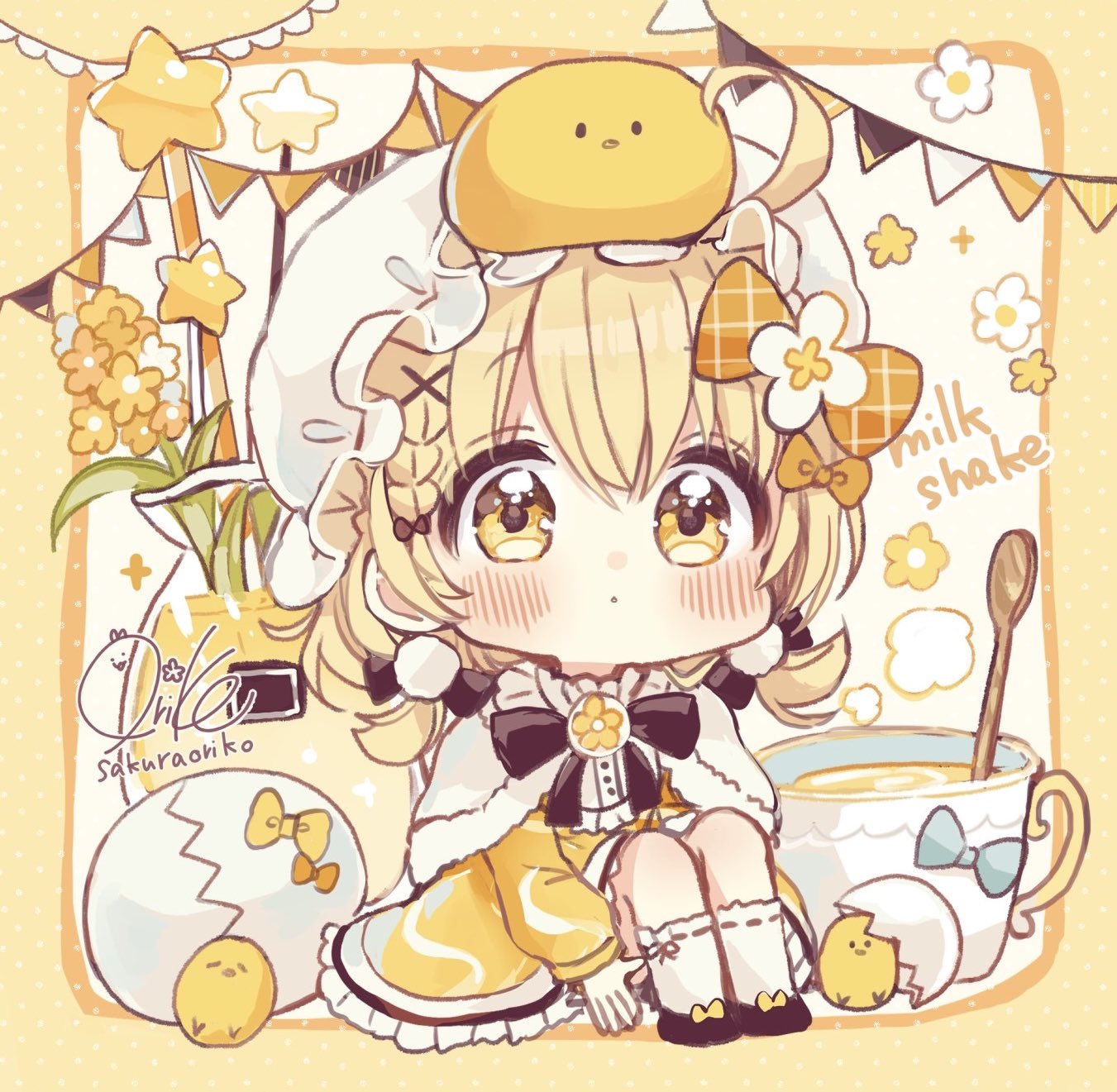 1girl :o ahoge artist_name black_footwear blonde_hair blush braid brown_background capelet chibi commentary_request cracked_egg cup dress flower frilled_dress frills full_body fur-trimmed_capelet fur_trim hair_between_eyes hair_ornament hat highres knees_up long_sleeves mini_person minigirl mob_cap orange_eyes original parted_lips pennant polka_dot polka_dot_background puffy_long_sleeves puffy_sleeves ribbon-trimmed_socks sakura_oriko shoes signature sitting socks solo spoon star_(symbol) string_of_flags white_background white_capelet white_flower white_headwear white_socks x_hair_ornament yellow_dress yellow_flower