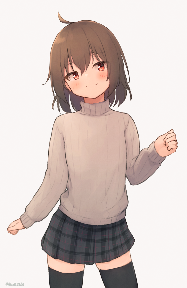 1girl ahoge black_thighhighs blush brown_hair centi_mnkt closed_mouth grey_background grey_skirt grey_sweater hand_up highres long_sleeves original plaid plaid_skirt pleated_skirt puffy_long_sleeves puffy_sleeves red_eyes ribbed_sweater simple_background skirt smile solo standing sweater thigh-highs turtleneck turtleneck_sweater
