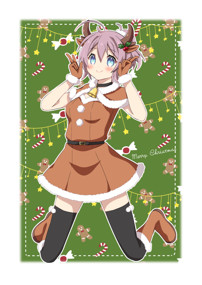 1girl ahoge alternate_costume animal_ears aoba_(kancolle) black_thighhighs blue_eyes boots brown_capelet brown_dress brown_footwear candy candy_cane capelet deer_ears dress fake_animal_ears fake_horns food full_body fur-trimmed_boots fur-trimmed_capelet fur_trim gingerbread_man green_background horns kantai_collection messy_hair oyu_(aoba_0054) ponytail purple_hair scrunchie short_hair solo thigh-highs