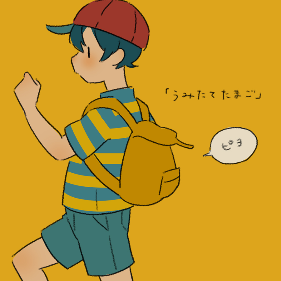 1boy backpack bag black_hair blue_shorts blush brown_bag clenched_hand from_side male_focus mother_(game) mother_2 ness_(mother_2) profile red_headwear shifumame shirt short_hair shorts solo speech_bubble striped striped_shirt translation_request walking yellow_background