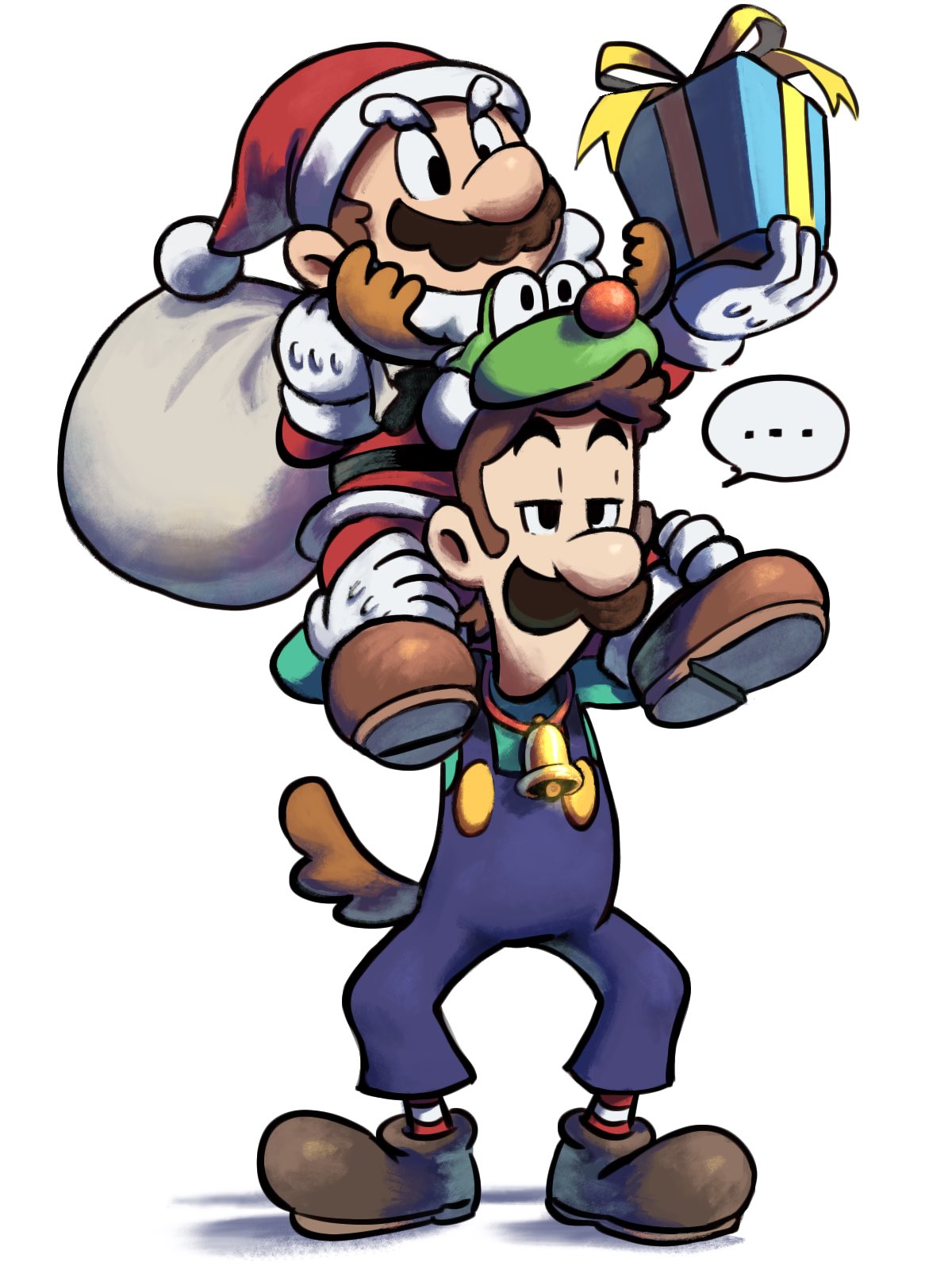 ... 2boys alternate_costume antlers blue_overalls boots brothers brown_footwear brown_hair brown_tail carrying christmas deer_antlers deer_tail facial_hair fake_tail full_body gift gloves green_shirt hat highres holding holding_gift holding_sack jacket luigi mario mario_&amp;_luigi_rpg masanori_sato_(style) multiple_boys mustache overalls pants piggyback red_jacket red_pants red_socks sack santa_hat shirt short_hair siblings simple_background socks speech_bubble striped striped_socks super_mario_bros. tail uninterested white_background white_gloves white_socks ya_mari_6363