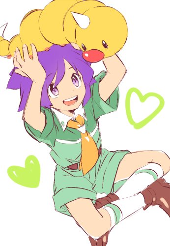 1boy ascot belt brown_belt brown_footwear bugsy_(pokemon) commentary_request green_shirt heart lowres open_mouth orange_mikan pokemon pokemon_(creature) purple_hair shirt shoes short_sleeves shorts simple_background smile socks violet_eyes weedle white_socks yellow_ascot
