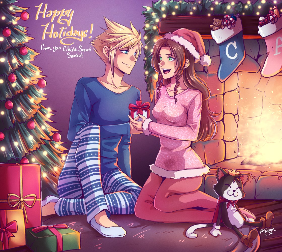 1boy 1girl aerith_gainsborough blonde_hair blue_eyes blush box brown_hair cait_sith_(ff7) christmas_ornaments christmas_present christmas_stocking christmas_tree cloud_strife couple final_fantasy final_fantasy_vii final_fantasy_vii_remake fireplace gift gift_box green_eyes happy_holidays hat holding holding_gift looking_at_another merry_christmas mireryn santa_hat smile spiky_hair stuffed_toy wavy_hair winter_clothes