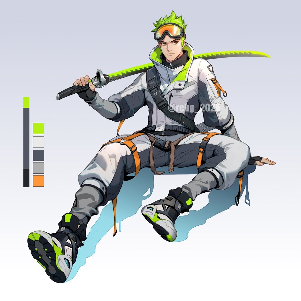 1boy bad_id bad_twitter_id belt black_footwear closed_mouth fingerless_gloves full_body genji_(overwatch) gloves goggles green_eyes green_hair grey_background hage2013 holding holding_weapon jacket katana overwatch pants shoes short_hair simple_background sitting sneakers solo spiky_hair sword weapon