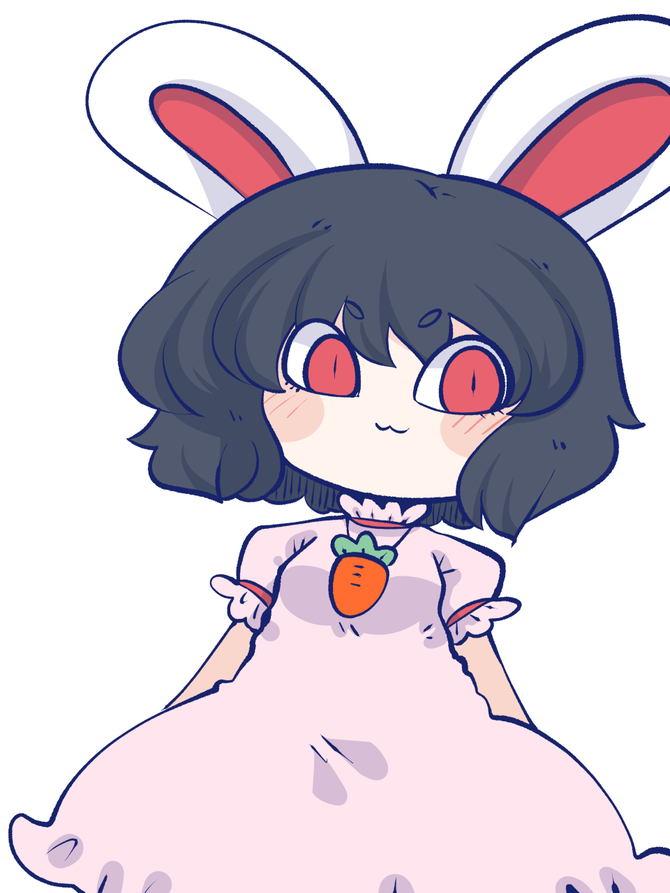 1girl :3 animal_ears black_hair blush chahan_(fried_rice0614) chibi collar commentary cowboy_shot dress frilled_collar frilled_dress frilled_sleeves frills highres inaba_tewi looking_at_viewer pink_dress puffy_short_sleeves puffy_sleeves rabbit_ears rabbit_girl red_eyes red_ribbon ribbon ribbon-trimmed_collar ribbon-trimmed_sleeves ribbon_trim short_hair short_sleeves simple_background solo touhou white_background